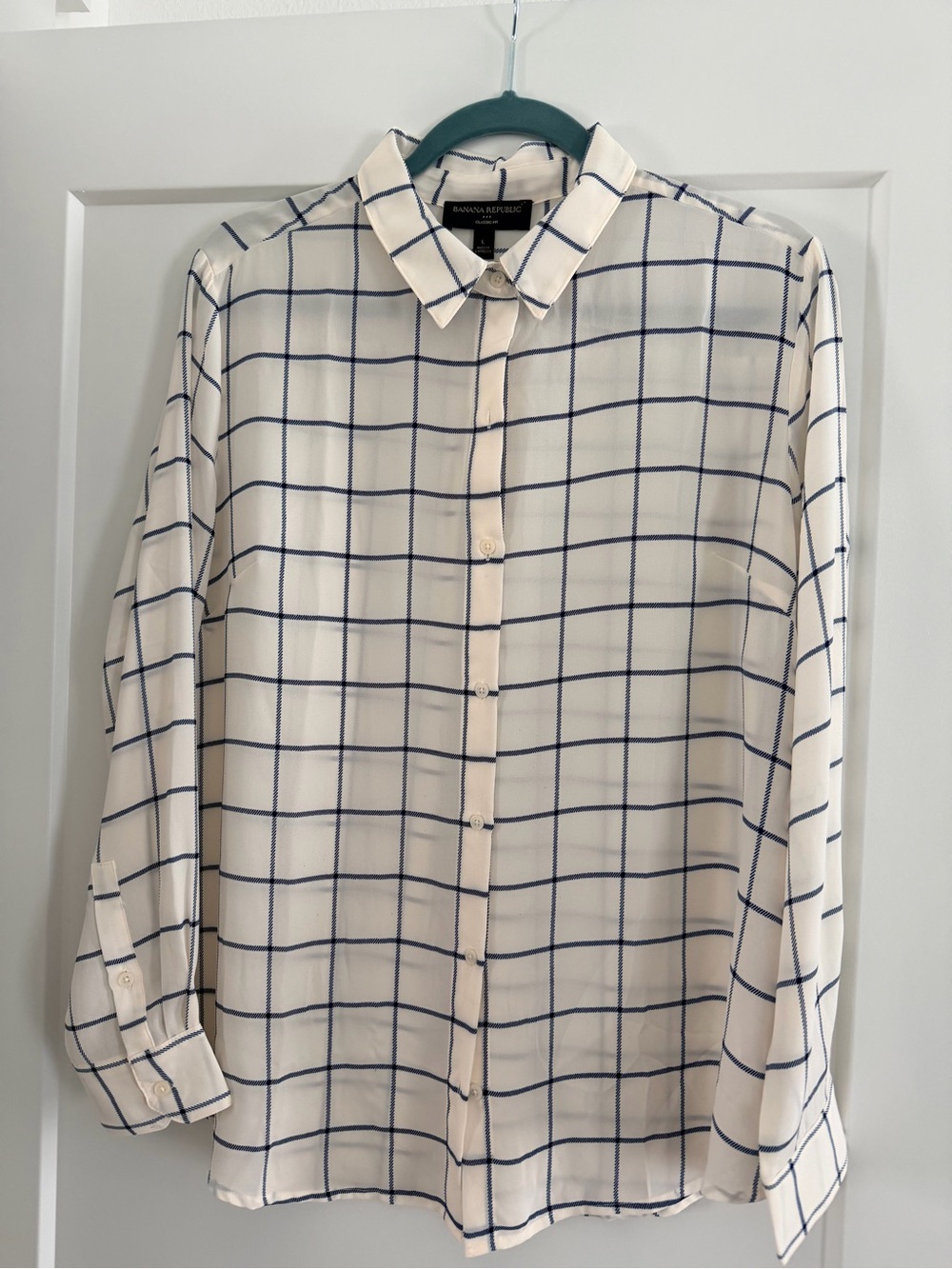 Banana Republic Cream Button-Down Shirt with Navy Windowpane